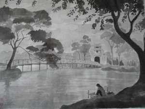 Le Lac de l'Epée restituée, lavis sur papier 53x67, Hanoi 1953