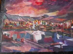 Crépuscule sur le marché, gouache sur papier 48X60, (Saigon vers 1960)