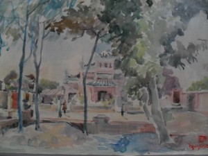 Temple de l'Empereur de Jade, aquarelle vernissée sur papier 31x49, (Saigon vers 1960)